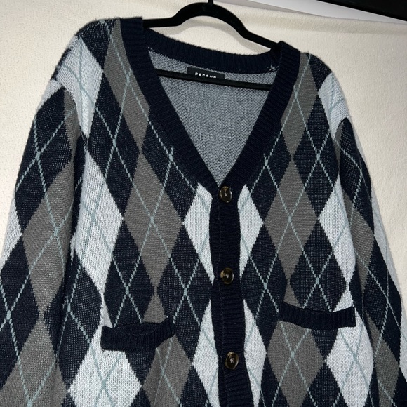 PacSun Golf Cardigan Knit Sweater Diamond Pattern Blue & White Size Medium - Picture 3 of 5